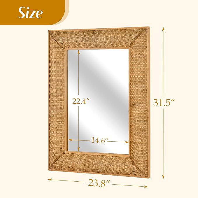 Boho Rattan Wall Mirror Wooden Framed Rectangle Mirror Rattan Decorative Farmhouse Hanging Mirror for Bathroom Vanity Entryway Living Room Home Wall Decor - 23.82" x 1.78" x 31.5"