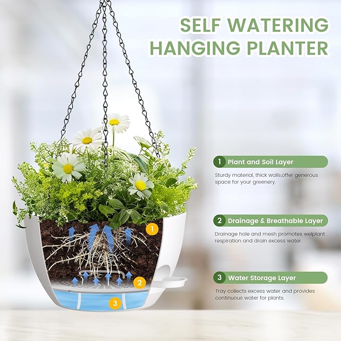 3 Pack 10 Hanging Flower Pots with Chains Self Watering Plastic Planters for Indoor Outdoor Plants, Sturdy Triangular Iron Chain Design for Garden PorchPlastic Hanging Flower pots (3, White)