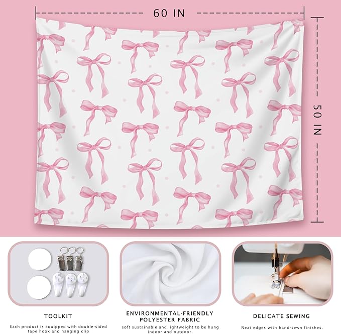 LIANGW Coquette Pink Bow Tapestry Wall Hanging, Coquette Preppy Room Decor, Pink Girly Aesthetic Wall Blanket Decor for Girls Room Dorm Apartment, 50x60 Inch