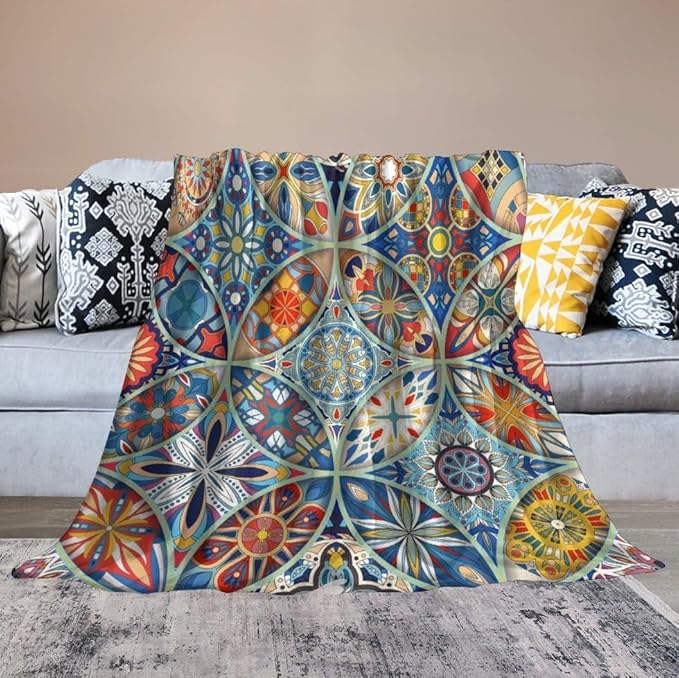 Boho Floral Throw Blanket Colorful Bohemian Mandala Blanket for Sofa Bed Couch Chair Or Dorm 50"x60"