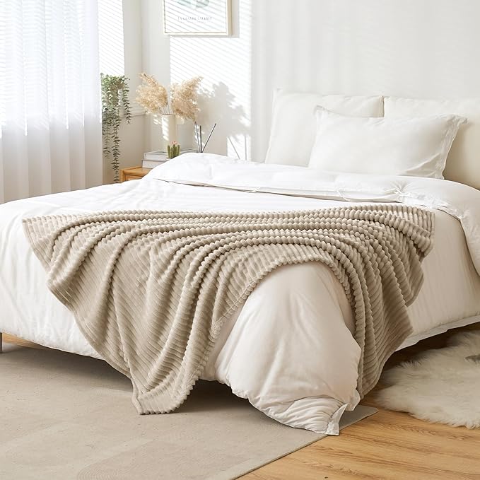 MIULEE Linen Throw Blanket 3D Ribbed Jacquard Fleece Flannel Velvet Plush Decorative Bed Blanket (Throw, 50" x 60") - Super Soft, Lightweight, Warm and Cozy for Couch Sofa