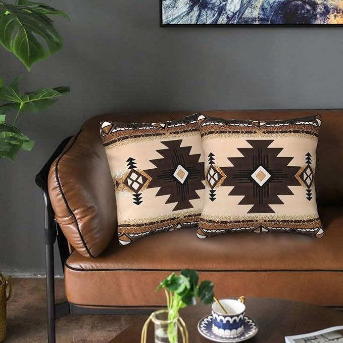 Western Aztec Pillow Covers 20x20 Set of 2, Southwest Native American Brown Throw Pillow Covers Outdoor Decorative Pillow Case for Couch Bed Sofa Cushion Home Decor