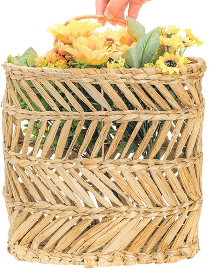 YOUEON Large Woven Hanging Storage Basket, 12x5x14 Inch Natural Water Hyacinth Wall Basket with Sturdy Iron Frame, Handwoven Front Door Flower Baskets for Home Garden, Boho Decor