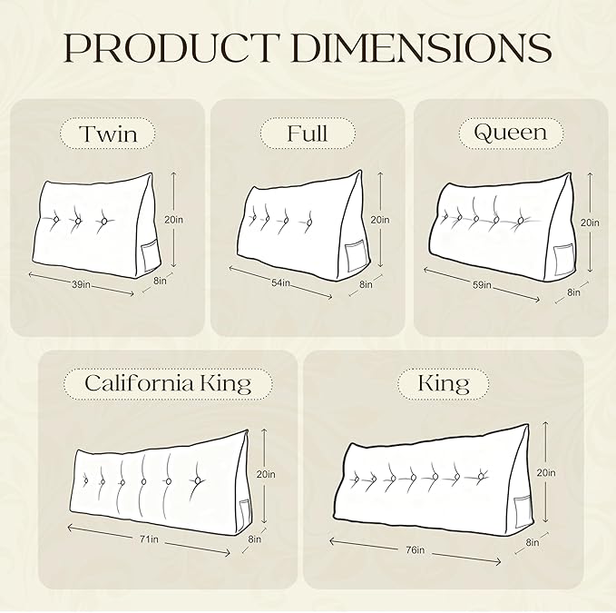 WOWMAX Headboard Pillow – King Size Reading Wedge Backrest for Bed, Handmade Firm Support Bolster Cushion with Removable Cover, Jacquard Satin Fabric 100% Pure Cotton, Light Beige