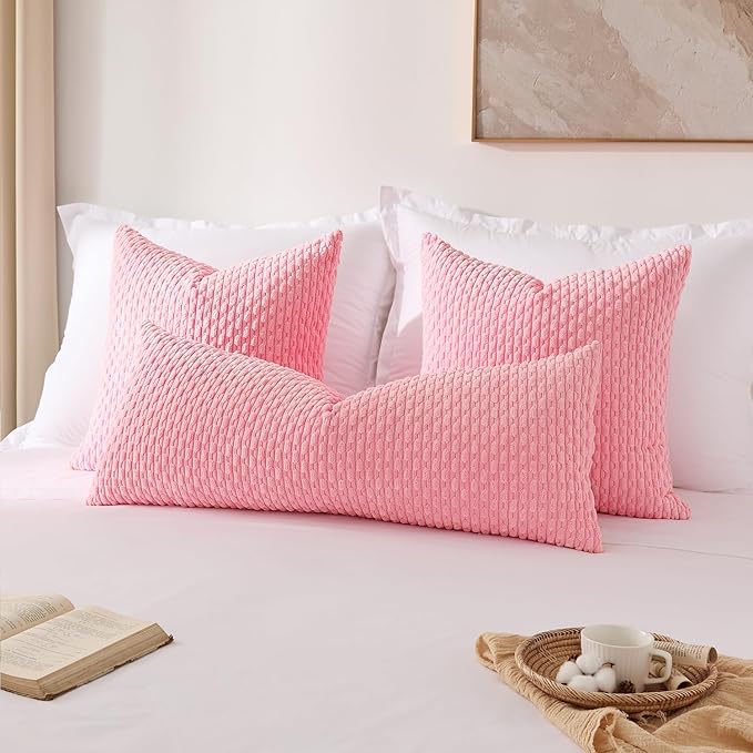 Kevin Textile Valentines 14x36 Inch Long Lumbar 1 Pack Boho Decorative Throw Pillow Cover Soft Striped Corduroy Rectangle Cushion Case Farmhouse Accent for Living Room Couch Sofa Bed, Pink