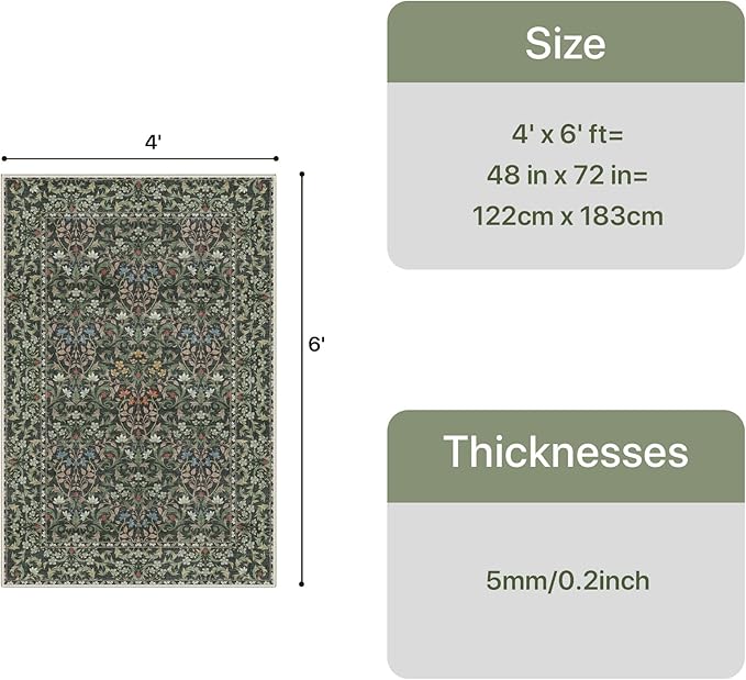 GENIMO Washable 4x6 Area Rug, Vintage Boho Floral Carpet, Soft Low-Pile Non-Slip Thin Rug for Living Room, Bedroom, Dining Room, Nursery, Emerald Green