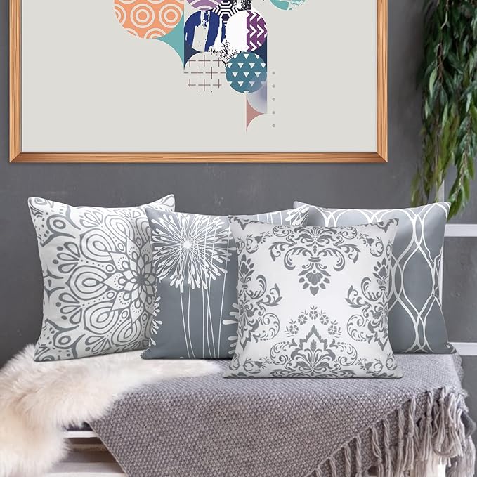 Coliuso Decorative Throw Pillow Covers 16x16 Set of 4, Gray and White Modern Simple Square Pillow Case Cushion Cover for Sofa Couch Farmhouse Outdoor Living Room (Gray and White, 16"x16")