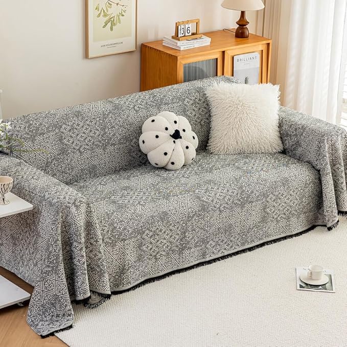 ROOMLIFE Couch Cover Black Boho Sofa Covers for 3 Cushion Couch Washable, Furniture Protector Sofa Couch Cover for Dogs, Soft Breathable Sofa Slipcover, Couch Throw Blankets with Tassels 71''X150''