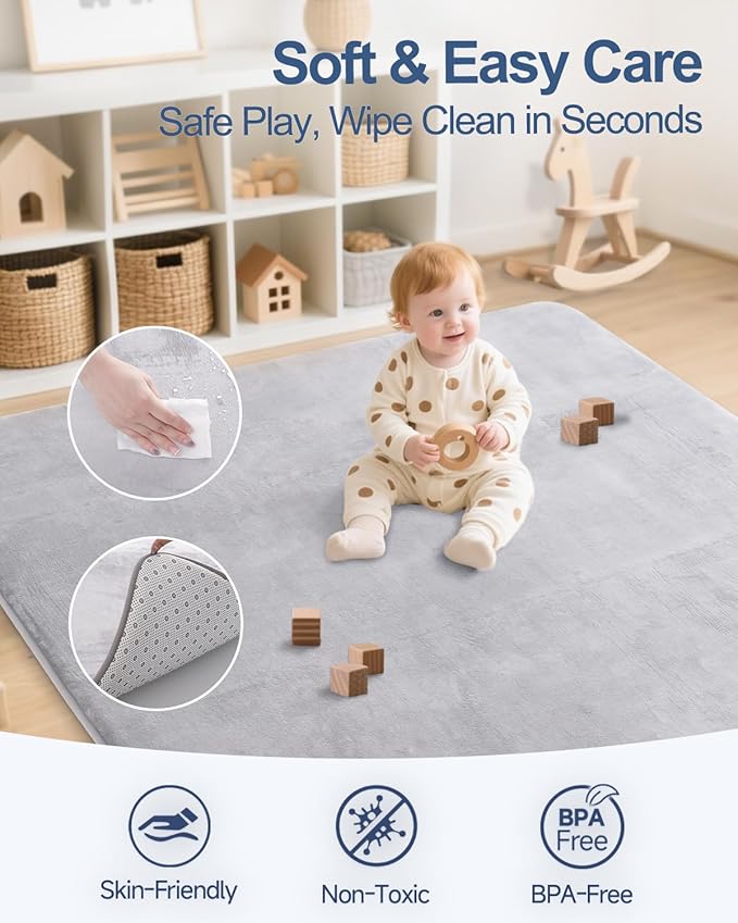 SEPARO Large Thick Baby Play Mat for Floor,Padded 79x118 Foam Mat,Tummy Time Mats,Soft Support&Plush Feel Nursery Rug,Non Slip for Toddler,Infants,Kids Play,Yoga,Baby Crawling Mats (Light Grey)
