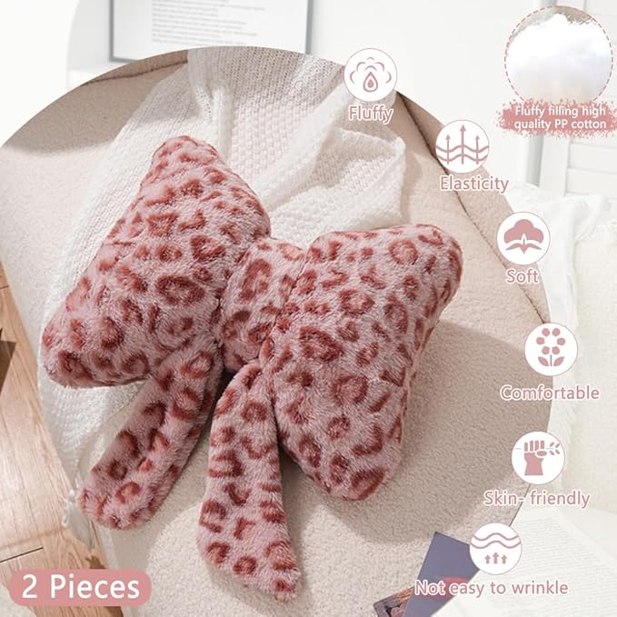 2Pcs Leopard Print Bow Throw Pillow Furry Bow Plush Pillows Cute Flower Plush Pillow Cheetah Home Decor Stuffed Bow Lumbar Pillow for Bed Couch Living Room Decor (Pink, 16in)