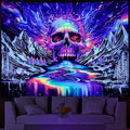 Lahasbja Blacklight Skull Tapestry UV Reactive Galaxy Mountain Planet Tapestries Magic Neon River Wall Hanging Aesthetic Skeleton Wall Decor Forest Trees Landscape Backdrop for Living Room