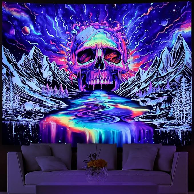 Lahasbja Blacklight Skull Tapestry UV Reactive Galaxy Mountain Planet Tapestries Magic Neon River Wall Hanging Aesthetic Skeleton Wall Decor Forest Trees Landscape Backdrop for Living Room