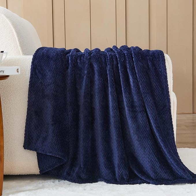 NEWCOSPLAY Super Soft King Blanket Dark Navy Premium Silky Flannel Fleece Leaves Pattern Lightweight Bed Blanket All Season Use (Dark Navy, King(90"x110"))