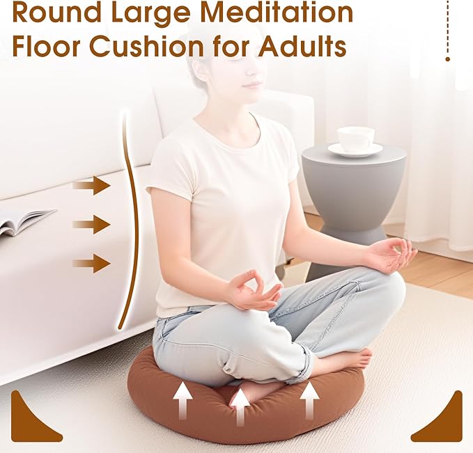 2Pcs Floor Pillows for Adults, 22x22 Inch Meditation Cushions, Large Round Sitting Cushion Living Room Memory Foam Pillow for Sitting (2, Brown, 22x22x4 Inch)