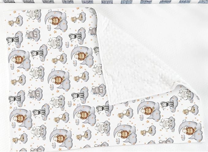 Sleepy Safari Baby Blankets for Girl Boy Lion Elephant Hippo Giraffe Moon Clouds Stars Soft Mink Dotted Backing Double Layer Swaddle Blanket African Jungle Animal Bed Throw for Newborn Toddler 30x40