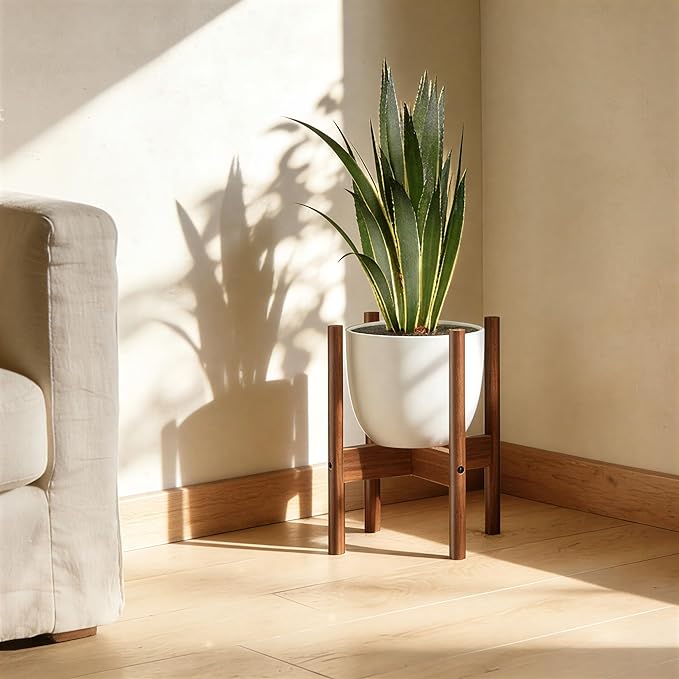 ALIGADO Bamboo Plant Stand Indoor, for Up to 12 Inch Pots, Built to Fit Corners, Sturdy & Stable Design, Walnut Finish