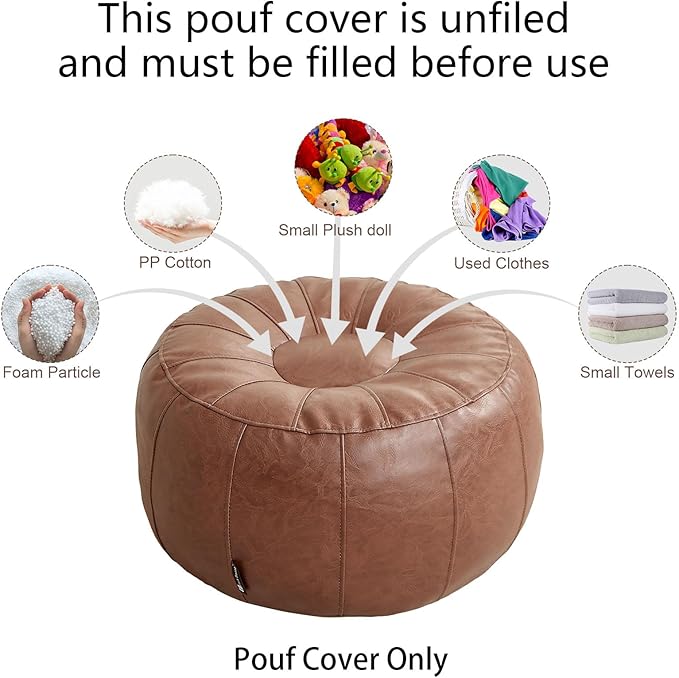 Louis Donné Unstuffed Pouf Stool Ottoman Footrest Cover Only Moroccan Vintage Storage Clothes Waterproof Faux Leather Small Bean Bag Cover Kits Reading Camping Travel pet Friendly (Only Cover)(Brown)