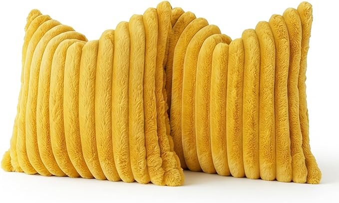 JOJUSIS Pack of 2 Faux Fur Plush Decorative Throw Pillow Covers Couch Cushion Case Soft Pillowcases (Mustard Yellow, 20 x 20-Inch)