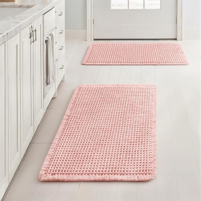 MIULEE Set of 2 Waffle Bathroom Rugs, Boho Bath Rugs Non Slip Washable, Super Absorbent Bath Mats, Ultra Soft Rubber Backed Shower Mats for Bathroom Floor, Tub and Shower, Pink, 17x24 Inch