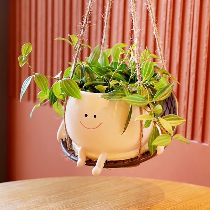 NINIPAPA Hanging Swing Chair Planter Pot Smile Face Plant Pot for Indoor Outdoor Plants Cute Head Flower Pots for Succulent String of Pearls Unique Gift on Mother's Day, Birthday, Christmas - Large