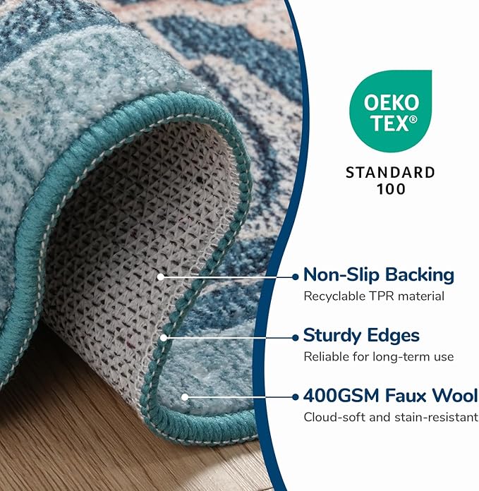 Lessymo 8 x 10 Area Rugs for Living Room, Machine Washable Area Rugs Boho Faux Wool Low Pile Area Rug for Bedroom, Floral Medallion Vintage Rugs with Non-Slip Rubber, Kid & Pet Friendly,Dark Green