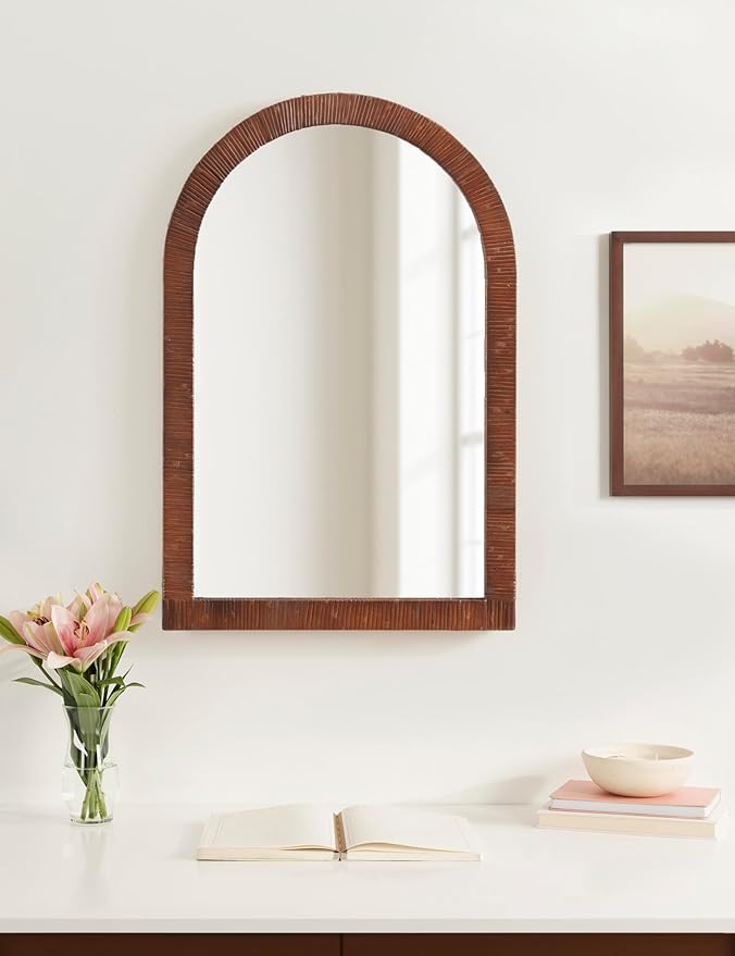 Kate and Laurel Rahfy Boho Arched Rattan Mirror; 20 x 30; Brown; Decorative Arch Wall Mirror with Authentic Rattan Frame for Vanity Bathroom Mirror