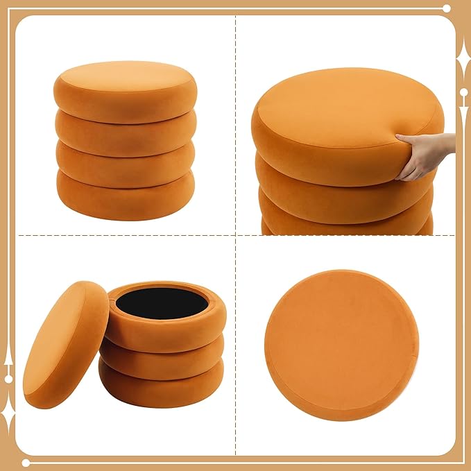 Flouki 19.5" Storage Ottoman Round, Vanity Stools for Bedroom, Velvet Pouf Ottoman with Removable Lid, Modern Ottoman Stool for Girls Women, Foot Stool for Living Room, Orange
