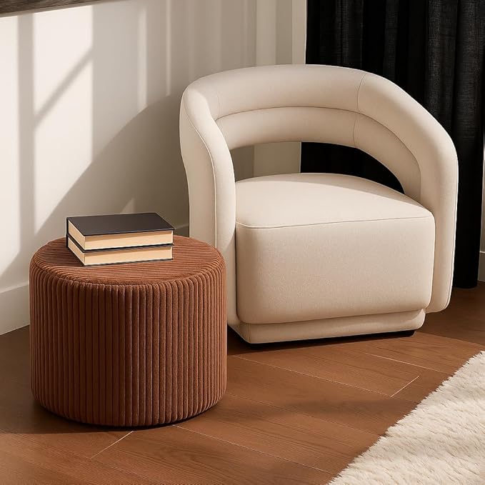 Round Pouf Ottoman and Foot Rest, Soft Corduroy Poufs with Sponge Chunk Filling, Comfort Sponge Stuffed Poofs for Couch Desk Resting Your Feet, Brown(17.1" D x 17.1" W x 14" H)