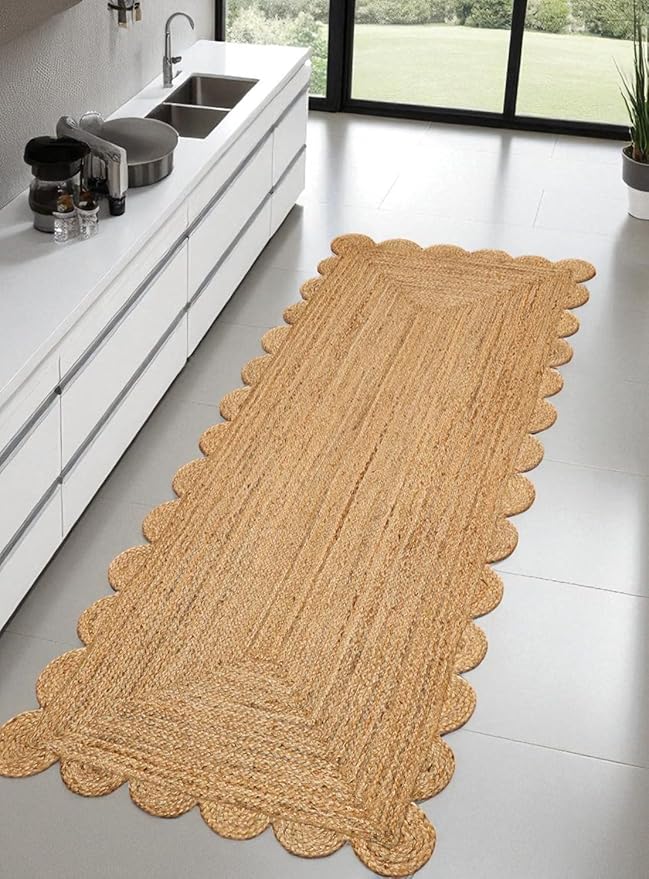 MDS 1 PC Handwoven Braided Jute Area Rug 2ft x 8ft Rectangle Scalloped Edge, 100% Natural Jute Rustic Farmhouse Reversible Accent Rug for Bedroom Living Room Hallway Entryway Office Kitchen (2' x 8')