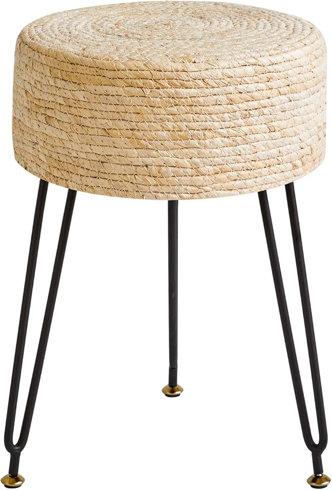 YMYNY Pouf Ottoman, Handmade Natural Water Hyacinth, Pastoral Style Footrest, Footstool with 4 Metal Legs Round Vanity Stool for Bedroom, Hallway, Living Room 12.59"L×12.59"W×17.71"H Beige UHBD029M