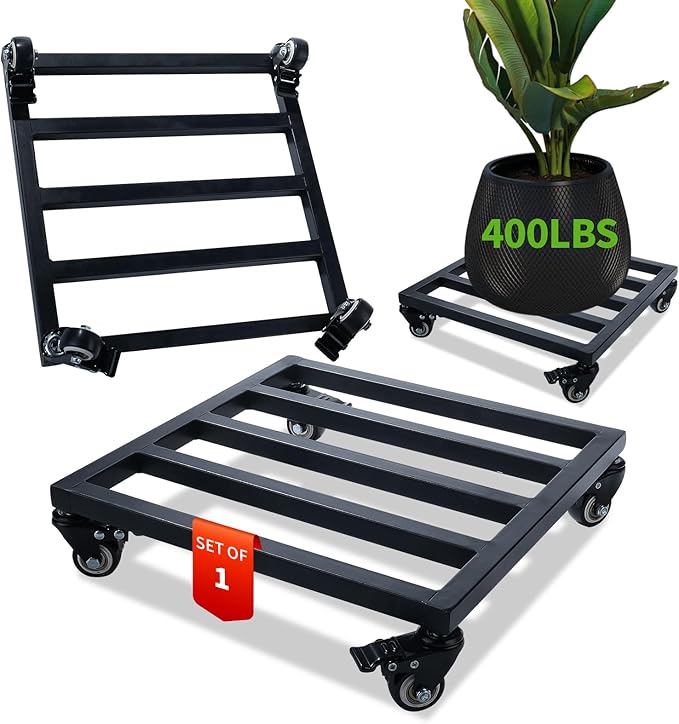 1 Pack 14 Inch Metal Plant Caddy with Wheels, Square Rolling Plant Stand Heavy Duty Indoor Outdoor Planter Dolly, Plant Pot Mover for Large Flower Pots and Planters, 400 Lbs