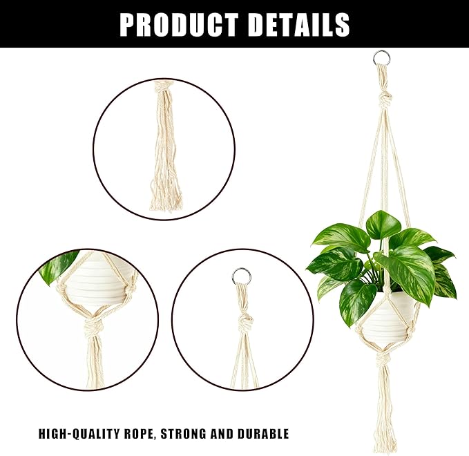6Pcs White Macrame Plant Hanger Set Different Tiers Hanging Plant Holders Indoor Plant Hangers from Ceiling Hanging Planter Basket Cotton Rope with S Hooks and Hook Nails Boho Home Decor