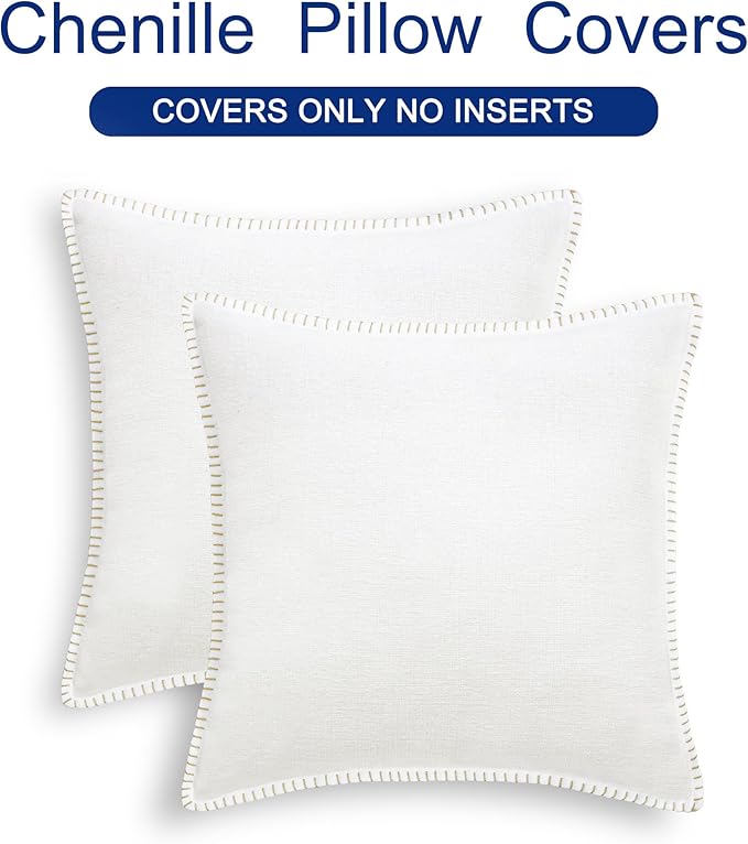 CaliTime Throw Pillow Covers Decorative 20 X 20 Inches Pack of 2 Cotton Thread Stitching Edges Solid Dyed Soft Chenille Cushion Cases for Couch Sofa Bed Living Room Farmhouse True White