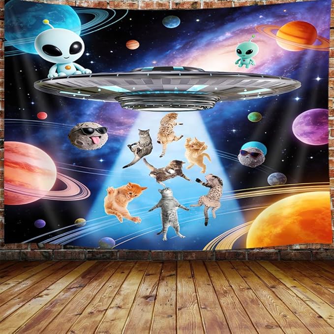 Funny Cat Tapestries, Cool Funny Kittens Starry Sky Nebula Galaxy Tapestry Milky Way Space Psychedelic Hippie Tapestry Wall Hanging Home Decor Dorm Livingroom Bedroom Wall Blanket, 48x36 Inches