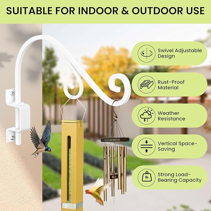 Swivel Plant Hangers Outdoor: 2 Pack 16 Inch Metal Hanging Plant Bracket Sturdy Wrought Iron Plant Hooks Indoor Wall Mount for Hanging Bird Feeders, Lanterns, Flower Baskets, Wind Chimes, White