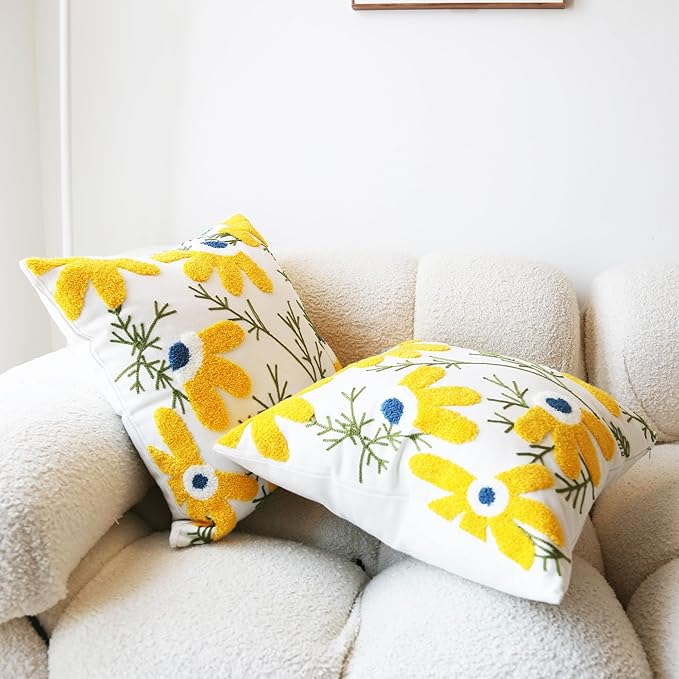 Embroidered Throw Pillow Cover Boho Beige Yellow 2PCS Pillow Covers for Couch Sofa Cotton Linen Daisy Floral Bohemian Pillow Covers 3D Big Flowers Botanical Pillowcase Covers 18x18 Inch