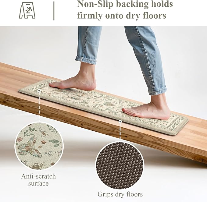 LEEVAN Anti Fatigue Mats for Kitchen Floor Non-Slip, Cushioned Kitchen Mats for Floor 17.3''x29''+17.3''x59'', Tan Memory Foam Kitchen Mat Set