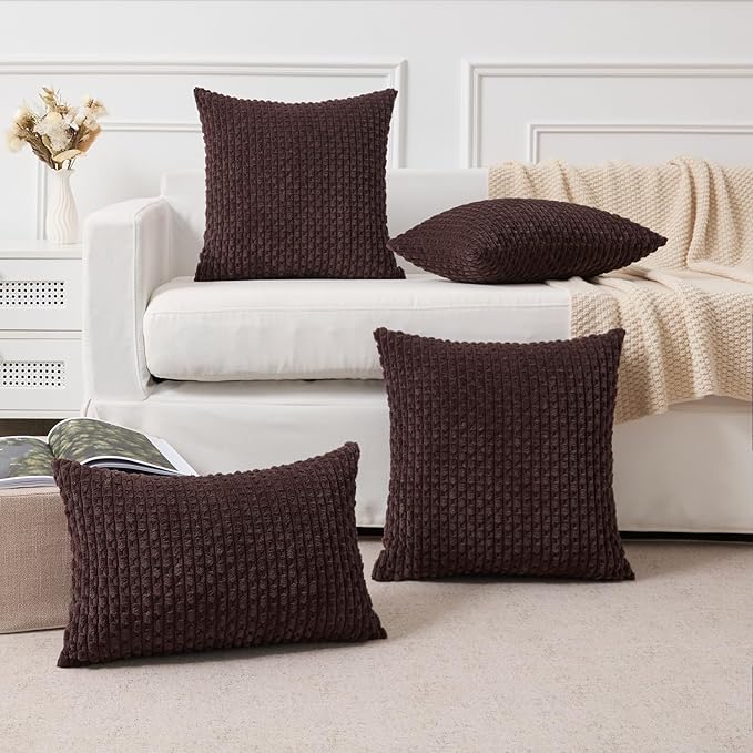 Kevin Textile 12x24 Inch Pillow Cover 1 Pack Boho Decorative Soft Striped Corduroy Lumbar Farmhouse Accent Rectangle Cushion Case for Living Room Couch Sofa Bed, Coffee