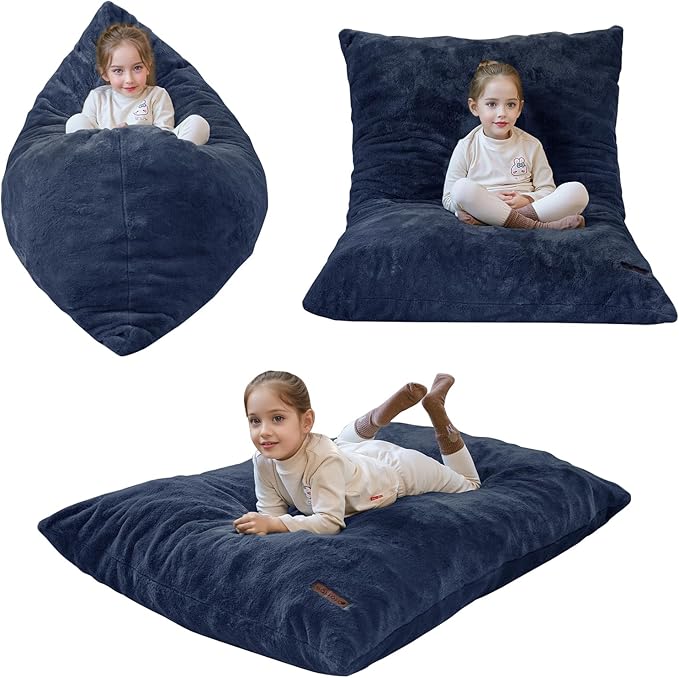 MAXYOYO 3 in 1 Kids Bean Bag Chair Bed, Child Floor Sofa for Gaming, Reading, Faux Fur Floor Mattress with High-Density Foam Filling for Living Room Bedroom