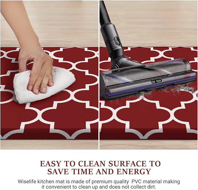 WISELIFE Cushioned Anti-Fatigue Mats,17.3"x 28",Non Slip Waterproof Heavy Duty PVC Ergonomic Comfort Rug for Kitchen, Floor Home, Office, Sink, Laundry,Red