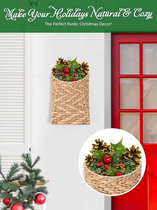 VerdantVibes Handwoven Wall Hanging Basket – Natural Water Hyacinth Basket for Boho Farmhouse Decor, Kitchen & Entryway Storage, Flower & Plant Display (9.8" H × 7.9" L × 3.1" W)