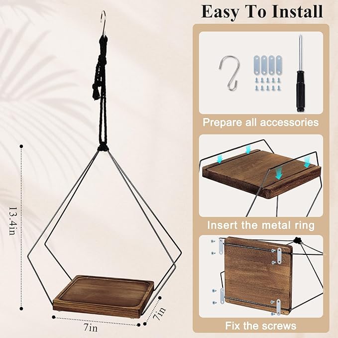 FIOBEE Hanging Planters for Indoor Plants Large Metal Plant Hanger Stand with Wood Base Wall Planter Holder for Window Wall Ceiling Home Decor Accessories (Plants/Pots Not Included), 1 Pack