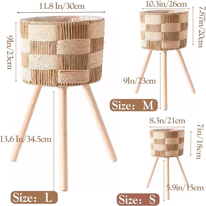 Boho Rattan Plant Stand Set of 3 – Handwoven Wicker Mid-Century Modern Floor Planter Stand for Indoor Plants, Large Farmhouse Decor, Sturdy Wood & Rope Design, Housewarming Gift