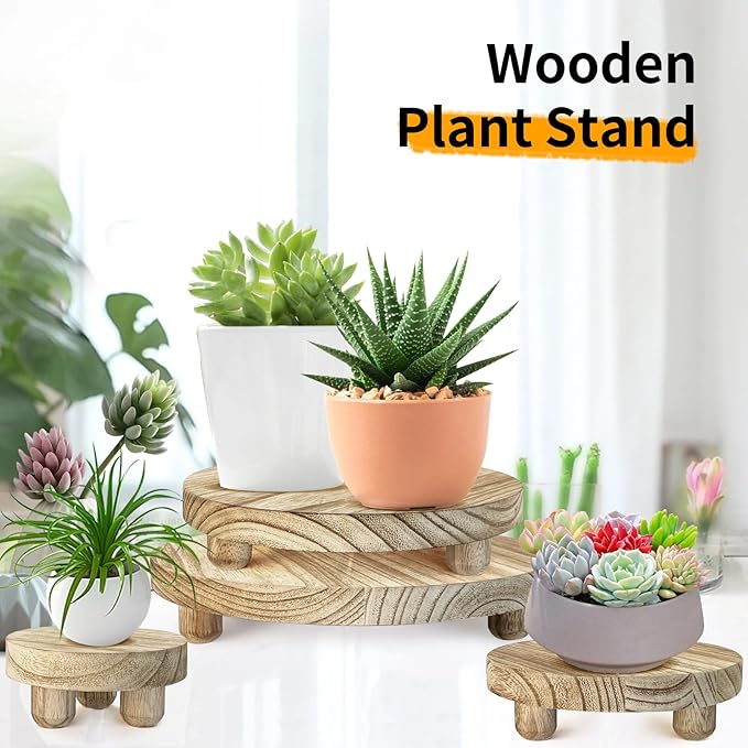 Wood Plant Stand Set of 4,mini Plant Stool 10 8 6 4 Inch, Wooden Display Risers Round Pedestal Counter Decor Holder Tiered Tray for Indoor Home Kitchen Patio Decoration (Light Brown-4pack)