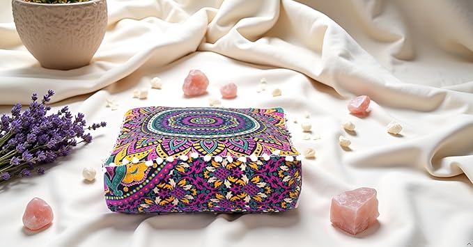 CRAFT KALA Large Hippie Mandala Meditation Floor Ottoman Pillow Cushion Pouf Cover Square Poufs Bohemian Circle Floor Cushion Case Outdoor Fireplace Yoga Living Room Decor Cover New Pink, 18" Square