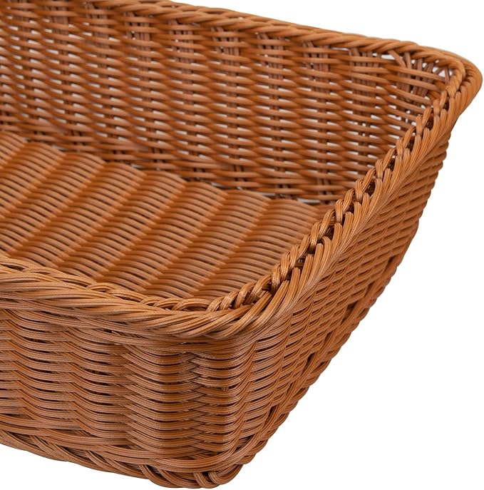 Yarlung 2 Pack Woven Bread Basket, Plastic Wicker Fruit Baskets 15.7 x 11.4 Inch, Imitation Rattan Food Serving Trays for Vegetables, Kitchen, Restaurant, Outdoor, Brown