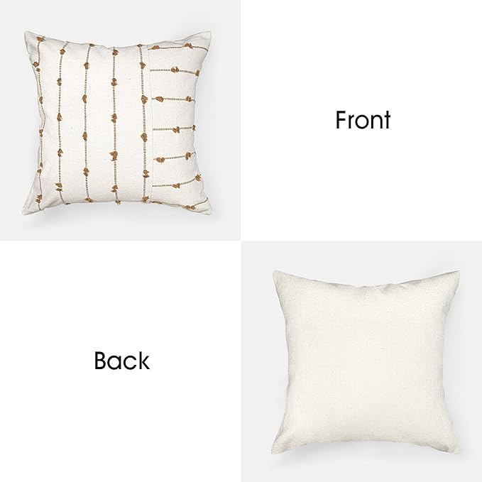 AELS 18x18 Decorative Boho Linen Throw Pillow Covers, Modern Farmhouse Textured Pillow Case, Set of 2, Tufted Stitch Stripe Cushion Cover for Bed Sofa Couch Living Room (Cover ONLY), Brown