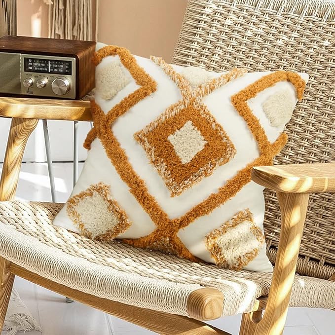 Merrycolor Boho Throw Pillow Covers 18x18 Orange Woven Tufted Decorative Pillow Covers Modern Accent Bohemian Square Pillow Cases for Couch Sofa Bedroom Living Room (No Pillow Insert,1Pcs)