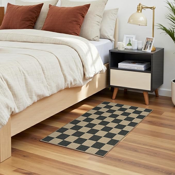 Lessymo Checkered Easy Jute Kitchen Rug, 2x3 Small Washable Rug Non Slip Front Door Mat, Geometric Area Rug Non Shed Outdoor Carpet for Porch Entryway Bathroom, Diamond Black/Beige