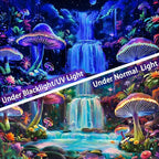 Dermijer Blacklight Tapestry Fantasy Mushroom Forest Tapestries UV Reactive Waterfall Tapestry Moon Night Neon Flower Landscape Wall Hanging for Home Decor L78.7×W59.1